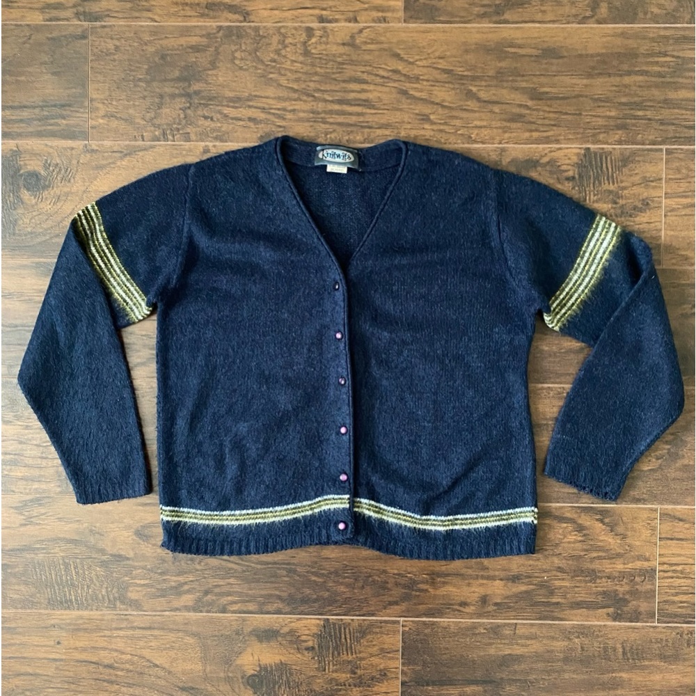 vintage knitwitz cardigan brushed navy/green striped fluffy size S